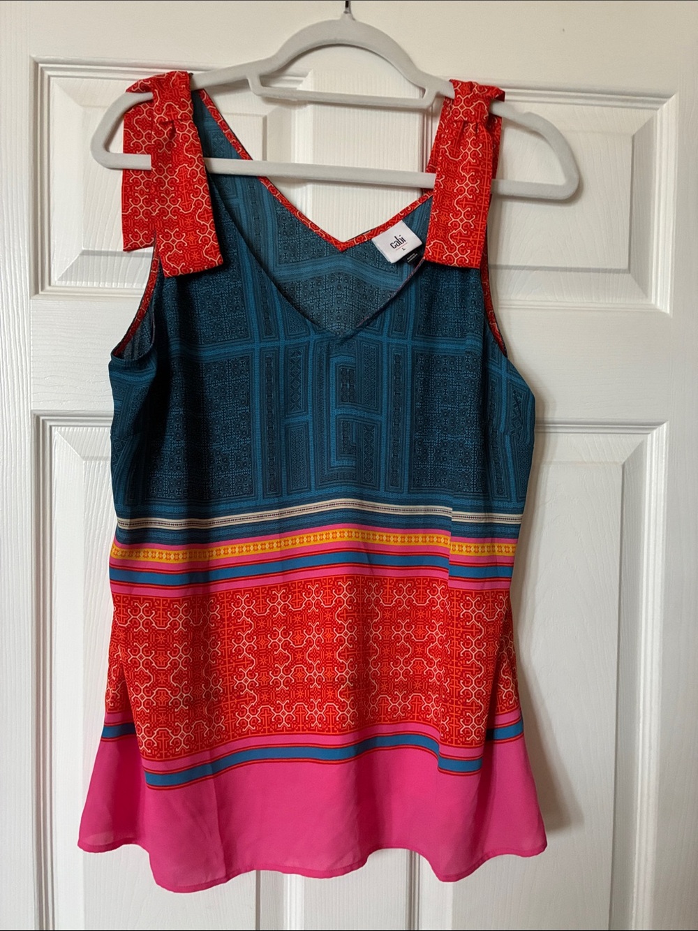 CAbi 5787 Teal, Red & Pink Patterned Tie-Strap Tank Top